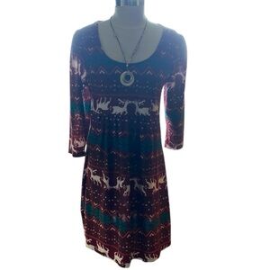 Chic Long Sleeve Reindeer Print Dress - Burgundy